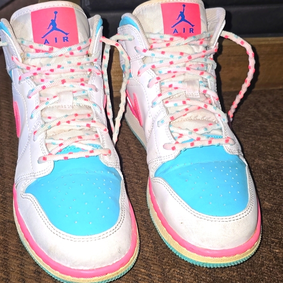 Nike Air Jordan 1 Mid Pink, Teal & White sneakers EXCELLENT USED CONDITION - Picture 1 of 10